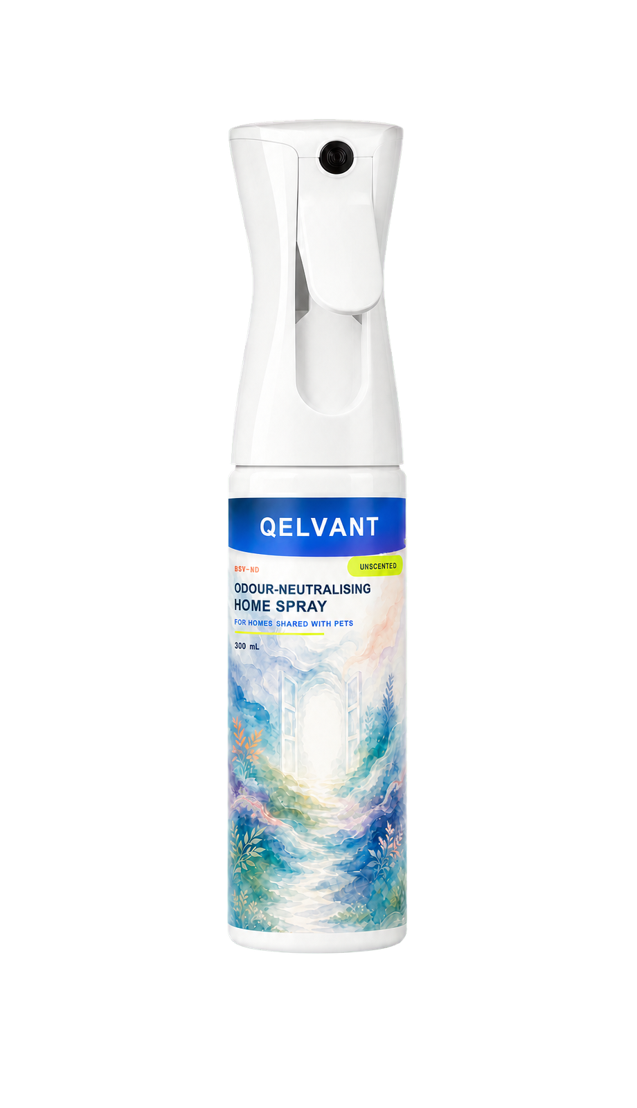 Front view of the QELVANT BSV-ND 300 ml unscented odour-neutralising home spray